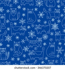 Winter cats. Seamless pattern with doodle cats and snowflakes. Hand drawn vector animals. Blue colors.