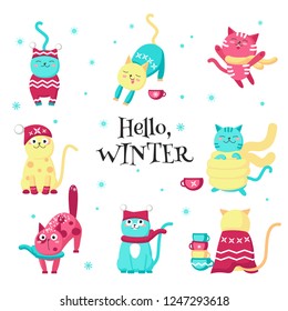Winter cats. Vector illustration isolated on white background. Cute funny kittens wearing warm knitted hats, scarves and sweaters for greeting card, sticker, print.