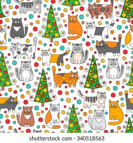 Winter cats. Vector seamless pattern with doodle cats, dots and christmas spruce. Retro colors - grey, green, orange, red and white.