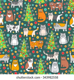 Winter cats. Vector seamless pattern with doodle cats, dots and christmas spruce. Retro colors - grey, green, orange, red and white.