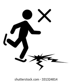 Winter Caution Danger Information Man with Skates on Thin Ice Flat Black Pictogram Icon Isolated on White Background