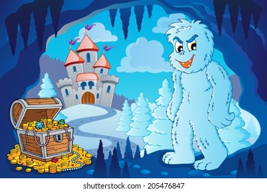 Winter cave with yeti - eps10 vector illustration.