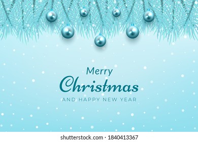 winter celebration background with snow, tree branches, and glowing blue ball ornaments for a Merry Christmas holiday in December