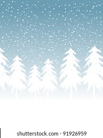 Winter celebration card with evergreen silhouettes in the snow.