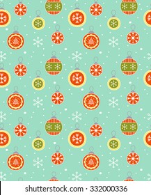 Winter celebration seamless background with decoration christmas ball and snowflakes. Vector illustration.