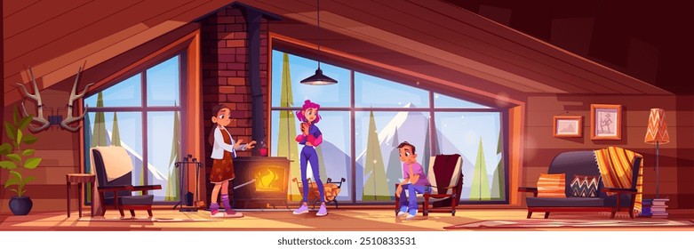 Interior de la habitación del chalet de invierno con chimenea en el interior. Vacaciones de montaña para niños en el apartamento de cabaña en el complejo. Casa de vacaciones para niños en hotel de esquí para la aventura. Casa acogedora con sofá y sillón