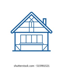 Winter chalet thin line icon. Traditional half-timbered home vector illustration in outline design. Snowy cottage or hunting lodge building pictogram for web and devices. Winter house icon.
