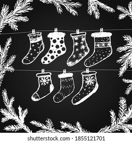 Winter chalk and blackboard hand drawn illustrations. Design template for winter holidays.