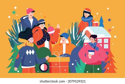 Winter character illustration winter heavy snow festival outdoor snow scene event poster