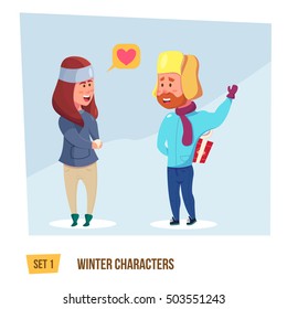 Winter character set. Husband gives a present to his wife. Christmas gift a favorite.