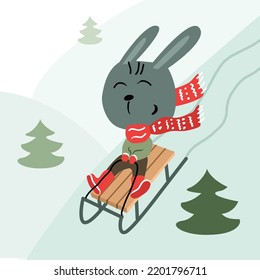 Winter character sledding  Funny rabbit goes down the hill sled  Vector illustration in flat cartoon style