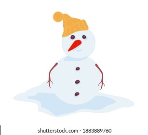 Winter character, snowman with branch hands, carrot nose and warm knitted hat. Wintertime and cold weather outdoors. Frosty landscape with christmas and new year personage. Vector in flat style