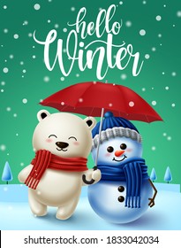 Winter character vector background design. Hello winter text in snowy winter background with 3d polar bear and snowman characters for winter season design. Vector illustration