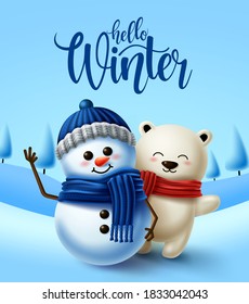 Winter character vector background design. Hello winter greeting text with 3d snowman and polar bear characters in cold snowy background. Vector illustration 