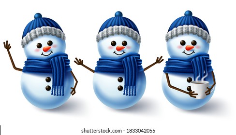 Juego de vectores de caracteres de invierno. Personajes de invierno de snowman 3d con pañuelo y sombrero para el diseño de la colección de invierno aislados en fondo blanco. Ilustración del vector