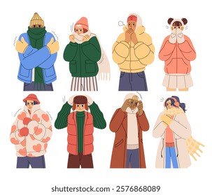 Winter character. Young persons in warm clothes. Frosty season weather. Hat or scarf. Fashionable apparel. Sweater and jacket. Trendy outfit. Woman and man is cold. Shivering cartoon people vector set