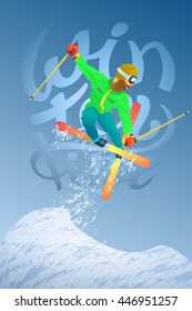 Winter characters. Active sports. Skier jumping.