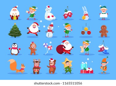 Winter characters. Cartoon santa, elves and winter christmas animals, snowman and kids. Winter christmas holiday vector set. Character christmas, santa and animal, xmas deer and gift illustration