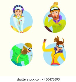 Winter characters in circle shape. Active winter sports.