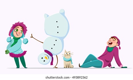 Winter characters. Girl and boy. Christmas