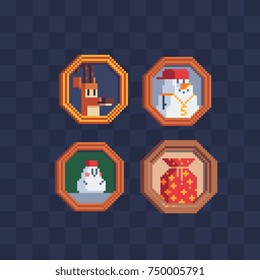 Winter characters. Happy New Year greeting card. Stickers set. Pixel art design. Isolated vector illustration. Pictures on a wall