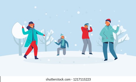 Winter Characters Playing Snowballs. Joyfull People Having Fun in Snow. Boys and Girls Throwing Snowball. Vector illustration