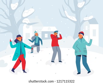 Winter Characters Playing Snowballs. Joyfull People Having Fun in Snow. Boys and Girls Throwing Snowball. Vector illustration