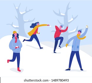 Winter Characters Playing Snowballs. Joyfull People Having Fun in Snow. Boys and Girls Throwing Snowball, Christmas holidays outdoor activities. Vector illustration