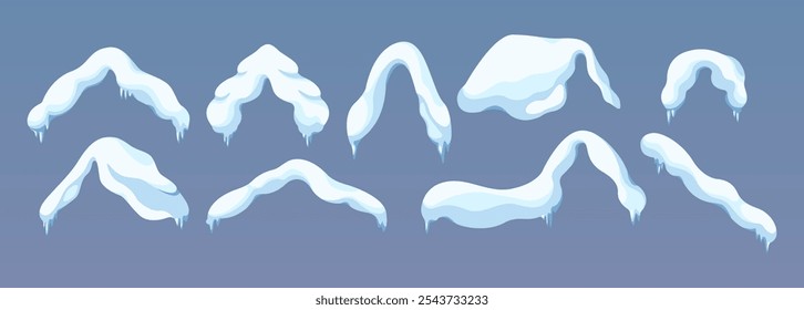 Winter charm with snow caps flat color vector objects set. Melting icicles evoking New year spirit illustrations bundle on blue background