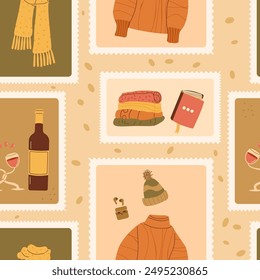 Winter überprüfte nahtlose Muster. Bento Box Herbst Wiederholungshintergrund. Hygge Retro stempelt endloses Design. Vektorgrafik Handgezeichnete flache Illustration.