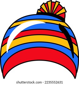 Winter child season headwear with pompom vector. Multicolor funny textile headdress for little kid wearing in cold weather day. Rainbow color had cloth accessory flat cartoon illustration