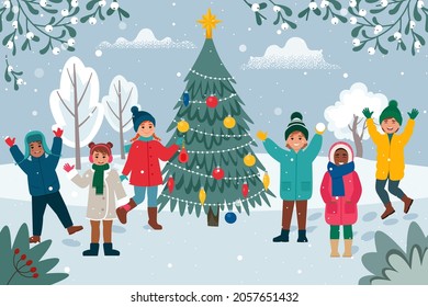 Winter childish outdoor activities. Children playing snowballs, decorated Christmas tree in winter background. Vector illustration in flat style