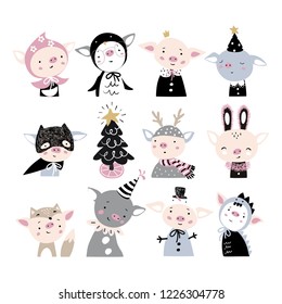 Winter childish pattern with pigs in carnival costumes and christmas presents. Creative holiday patch for kids fabric, wrapping, textile, wallpaper, apparel.