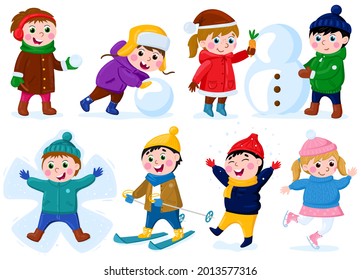 Winter children activities. Snow outdoor activity, happy little girls and boys making snowman and skiing vector illustration set. Christmas outdoor games. Fun winter and snowmanl, play in snow