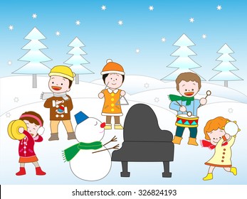 Winter children giving a concert outdoors