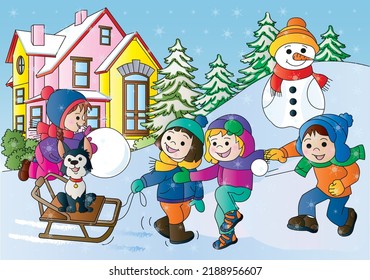 Winter. Children playing snowballs, sledding.