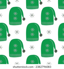 Winter children s hat. Seamless illustration. Design for fabric, wrapping paper or wallpaper.