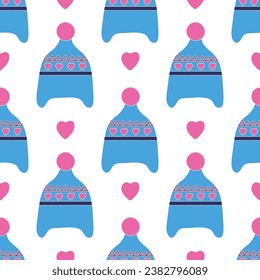 Winter children s hat. Seamless illustration. Design for fabric, wrapping paper or wallpaper.