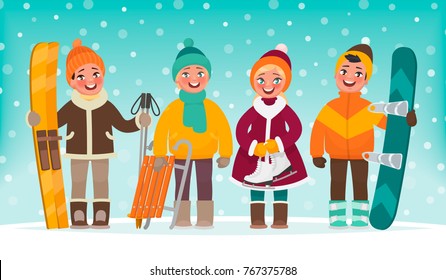 Winter children's active recreation. Boys and girls go in for sports. Skis, sledges, skates and snowboard. Vector illustration in cartoon style