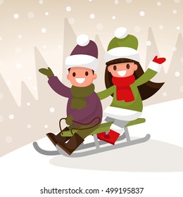 Winter children's games. Boy and girl sledding down the hills. Vector illustration of a flat design