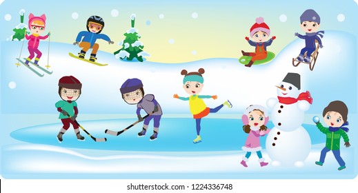 winter children's games skiing sleds hockey game snowballs snowman snowboarding