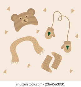 Sombrero para los niños de invierno con un oso y una bufanda con mitones beige, vestidos tradicionales de invierno, ropa de abrigo. Accesorios de punto para otoño e invierno. Ilustración vectorial aislada en un fondo blanco.