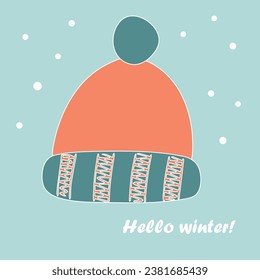 Sombrero de invierno para niños con bubo. Hola invierno. Ilustración vectorial plana.