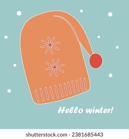 Sombrero de invierno para niños con bubo. Hola invierno. Ilustración vectorial plana.