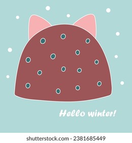 Winter children's hat with ears. Hello winter. Flat vector illustration.