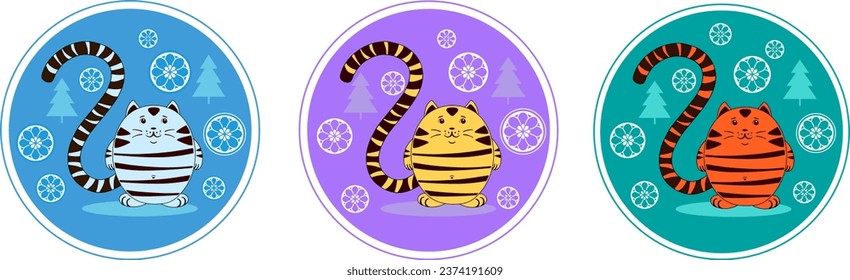 Winter children's print with a striped fat cat, snowflakes and fir trees. New Year's illustration.