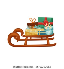 Winter children's sleigh with gift boxes. Christmas sleigh. Sled vector illustration on white background