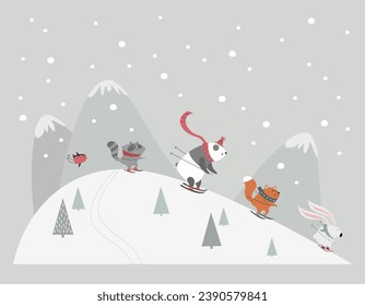 Winter children's wallpaper: panda, fox, raccoon and rabbit skiing. Vector illustration.