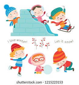 Winter child's outdoor activities. Happy childhood. Vector set on a white background.