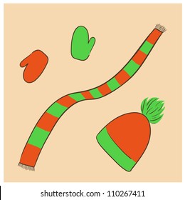 Winter chothes accessories in red and green colors on vintage brown background. Eps 10 vector illustration